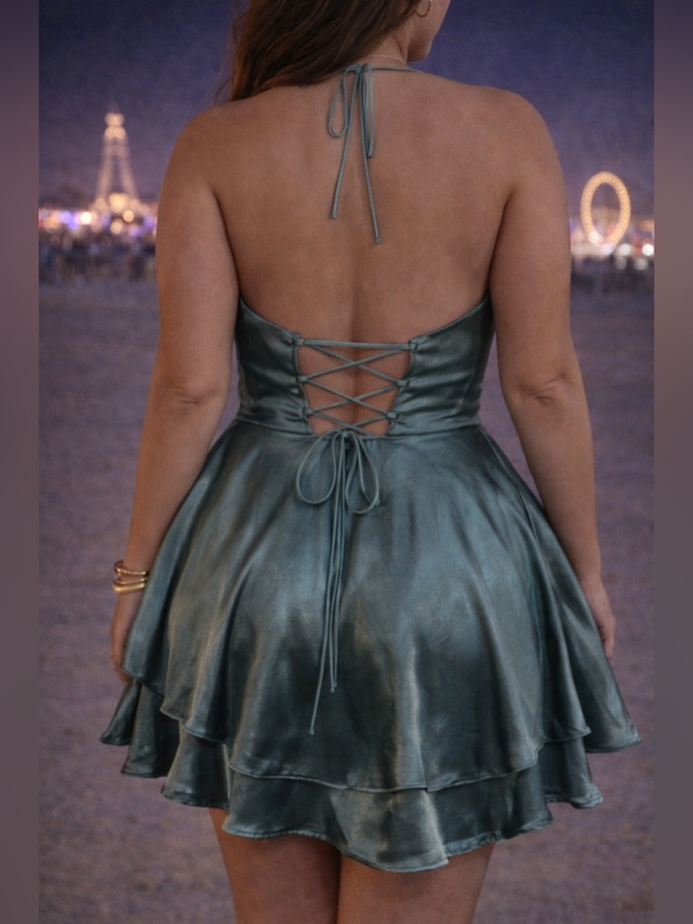 🔥5/$35🔥 Emerald Green Satin Lace Up Mini Dress Romper | Size M/L - Picture 4 of 13